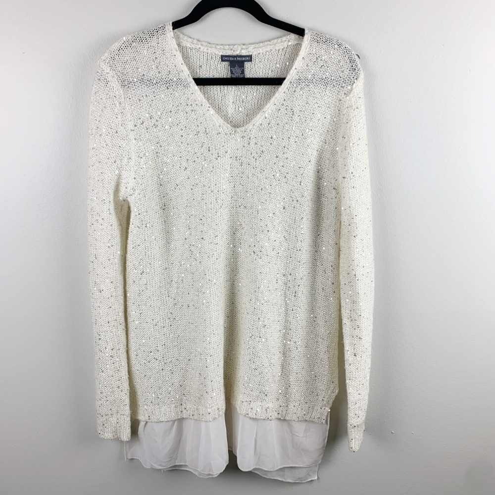 Chelsea & Theodore Ivory Sequin Tunic Sweater Size Large